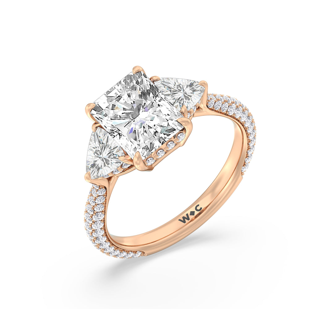 Elegance Three Stone Pave Engagement Ring with Radiant Cut Diamond in 14KT Rose Gold view 3
