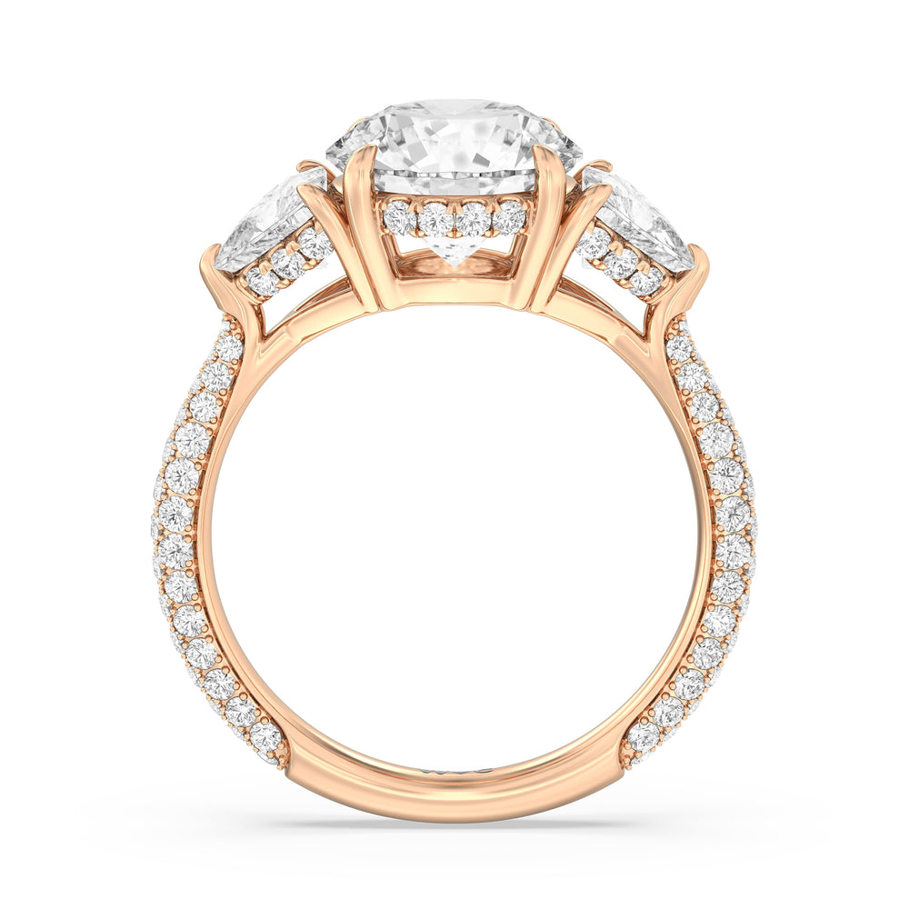 Elegance Three Stone Pave Engagement Ring with Round Cut Diamond in 14KT Rose Gold view 2

