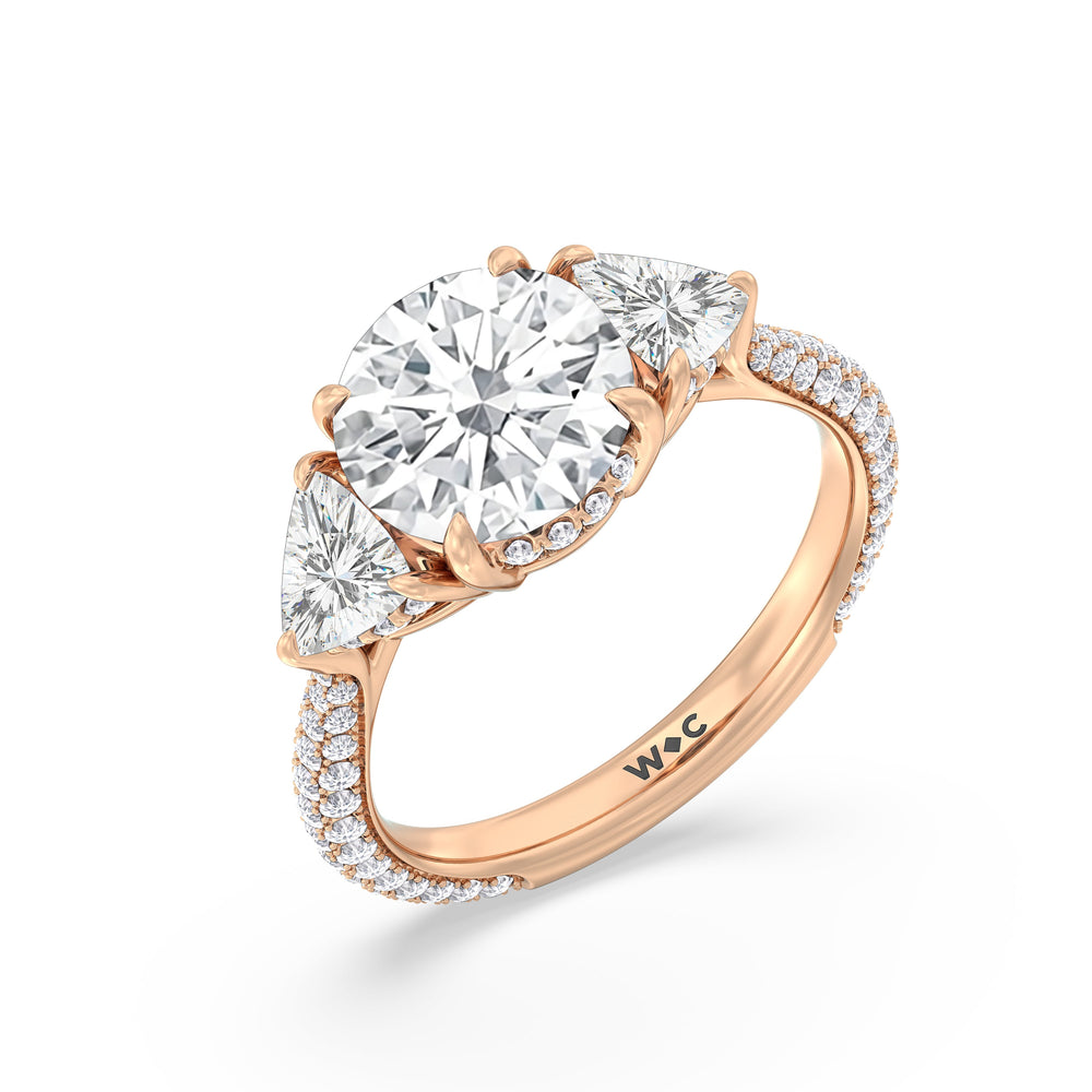 Elegance Three Stone Pave Engagement Ring with Round Cut Diamond in 14KT Rose Gold view 3
