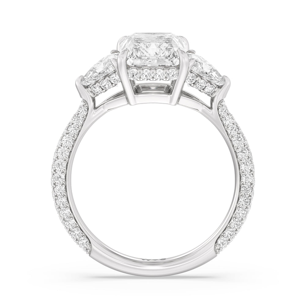 Elegance Three Stone Pave Engagement Ring with Radiant Cut Diamond in 14KT Platinum view 2
