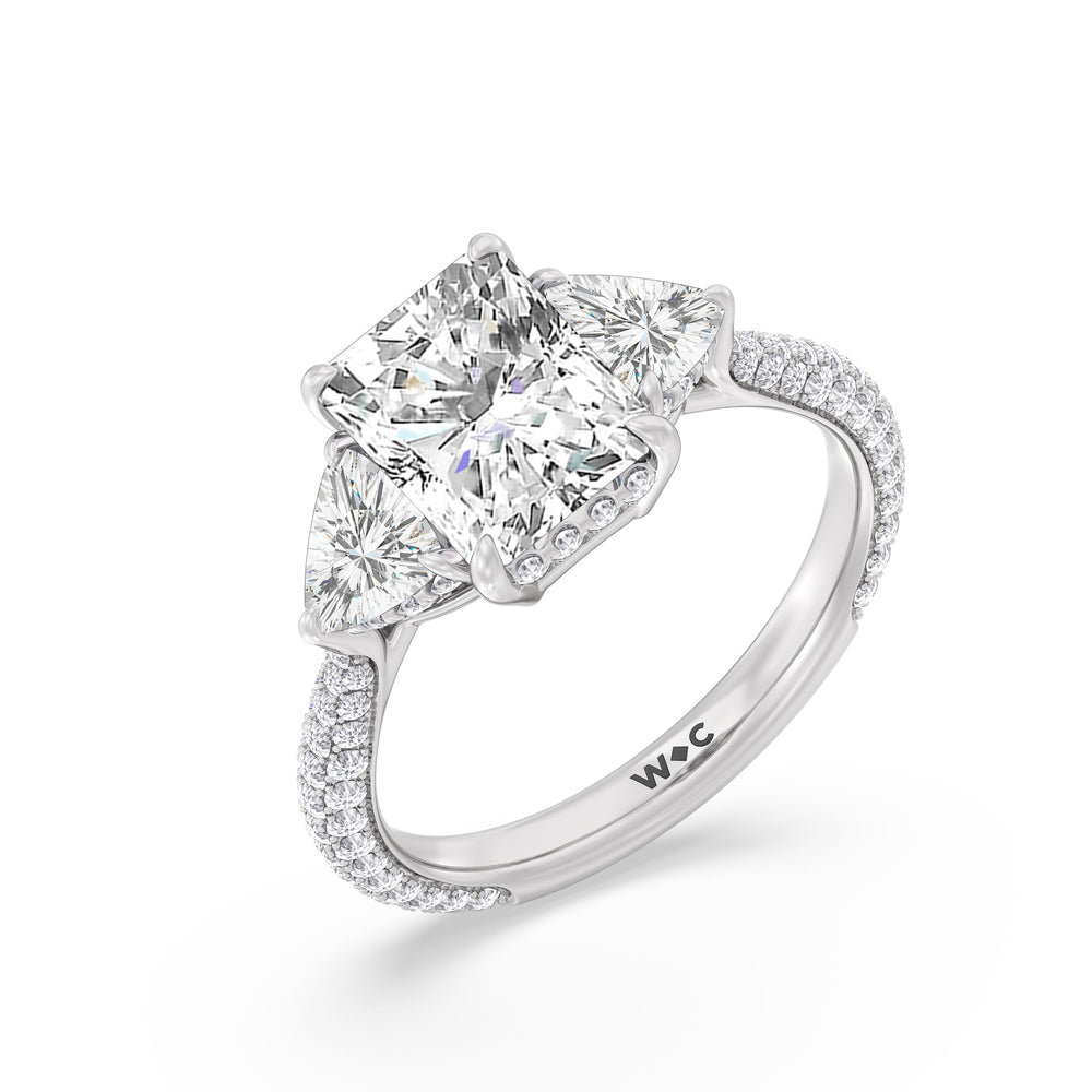 Elegance Three Stone Pave Engagement Ring with Radiant Cut Diamond in 14KT Platinum view 3

