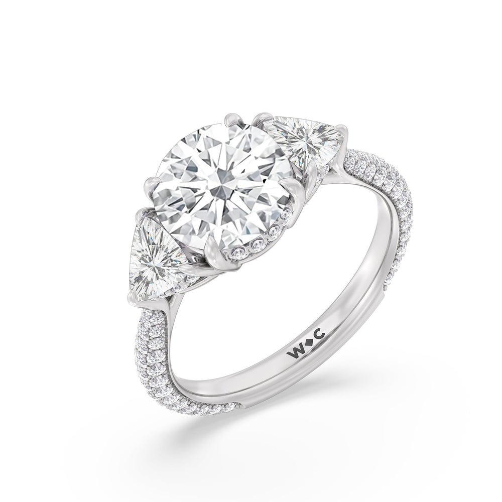 Elegance Three Stone Pave Engagement Ring with Round Cut Diamond in 14KT Platinum view 3

