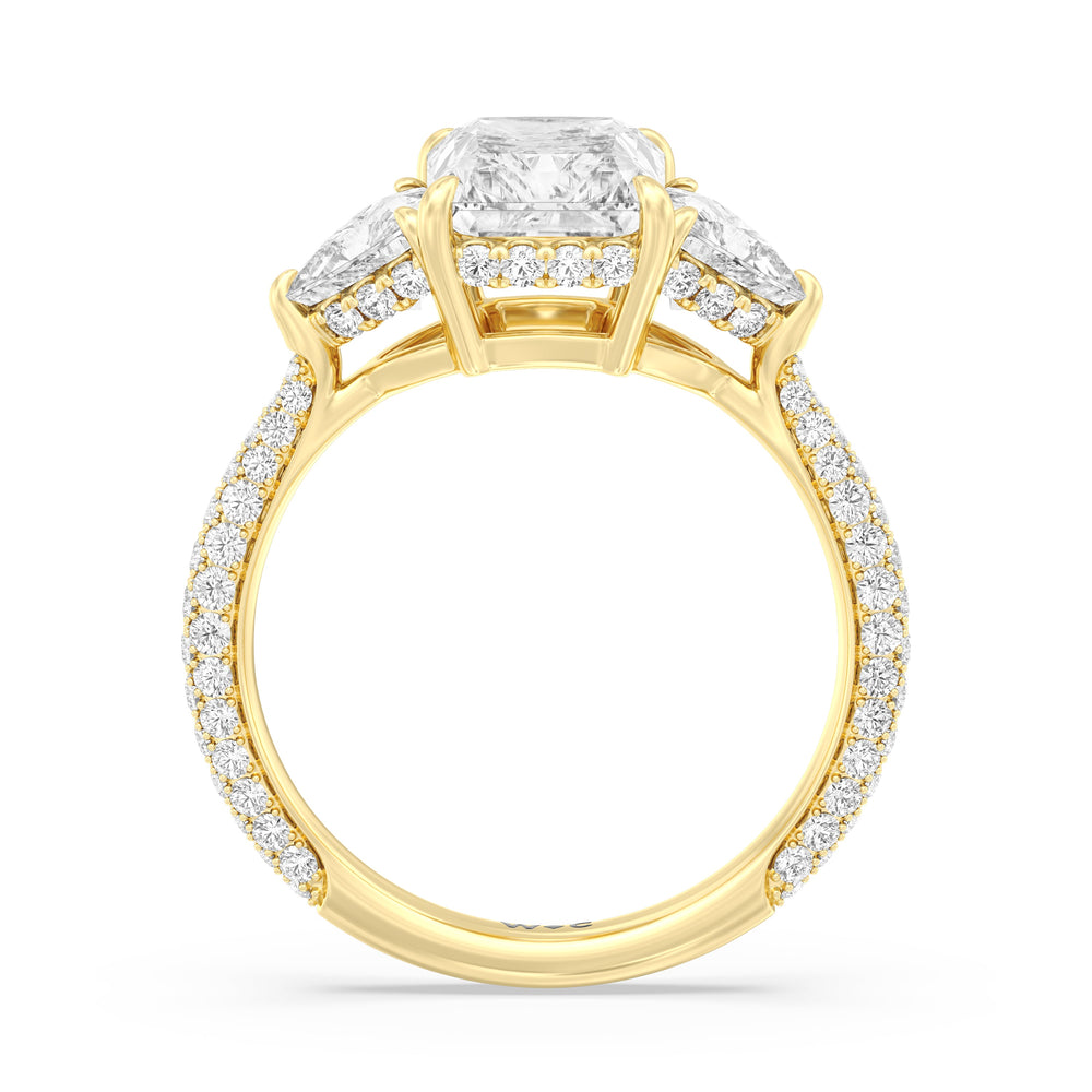 Elegance Three Stone Pave Engagement Ring with Radiant Cut Diamond in 14KT Yellow Gold view 2
