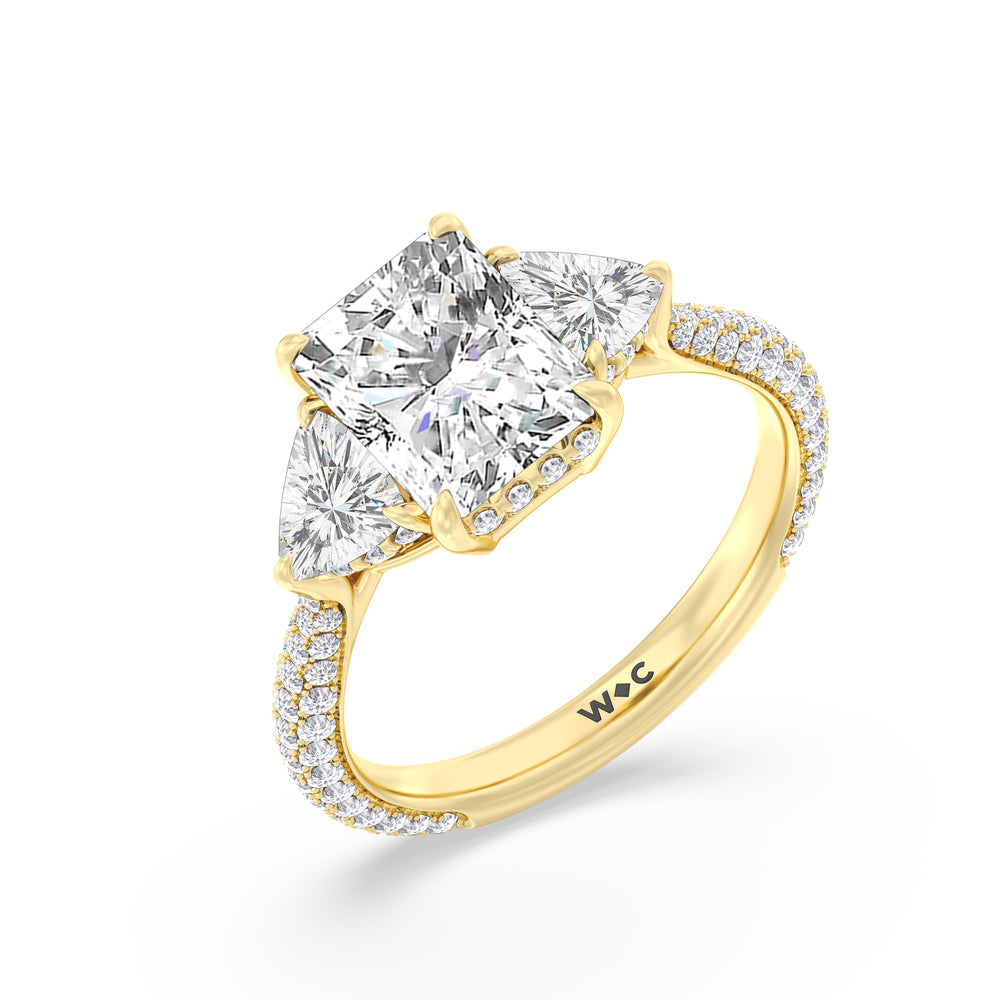 Elegance Three Stone Pave Engagement Ring with Radiant Cut Diamond in 14KT Yellow Gold view 3
