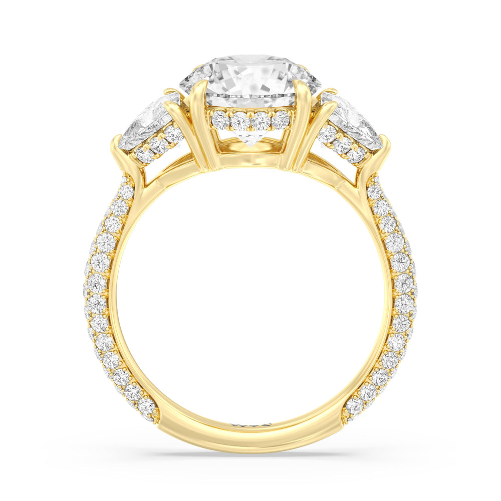 Elegance Three Stone Pave Engagement Ring with Round Cut Diamond in 14KT Yellow Gold view 2
