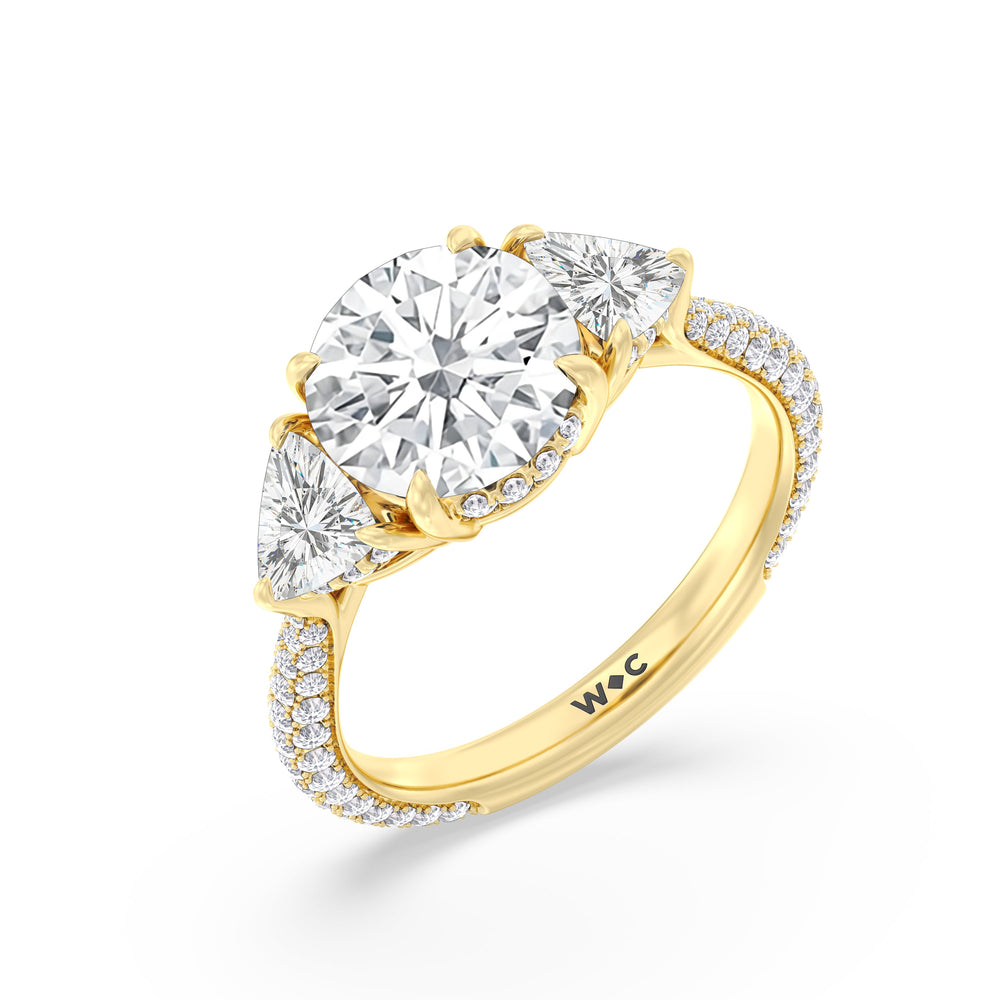 Elegance Three Stone Pave Engagement Ring with Round Cut Diamond in 14KT Yellow Gold view 3
