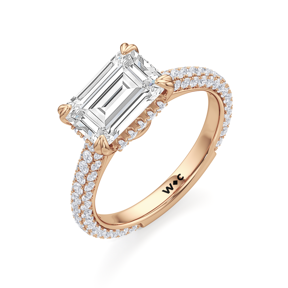 West Emerald Cut Elegance Diamond Studded East West Gallery Hidden Halo Engagement Ring with Lab Grown Diamond in 14KT Rose Gold view 3
