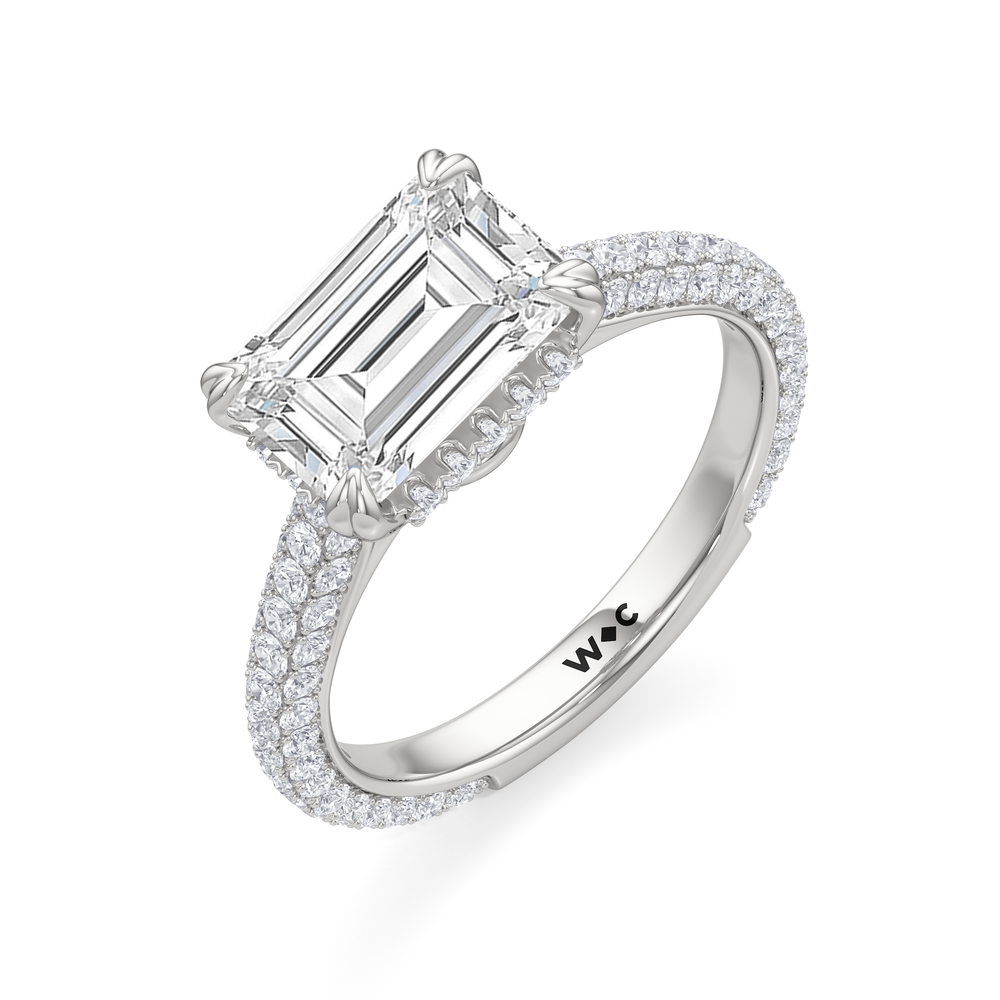 West Emerald Cut Elegance Diamond Studded East West Gallery Hidden Halo Engagement Ring with Lab Grown Diamond in 14KT Platinum view 3
