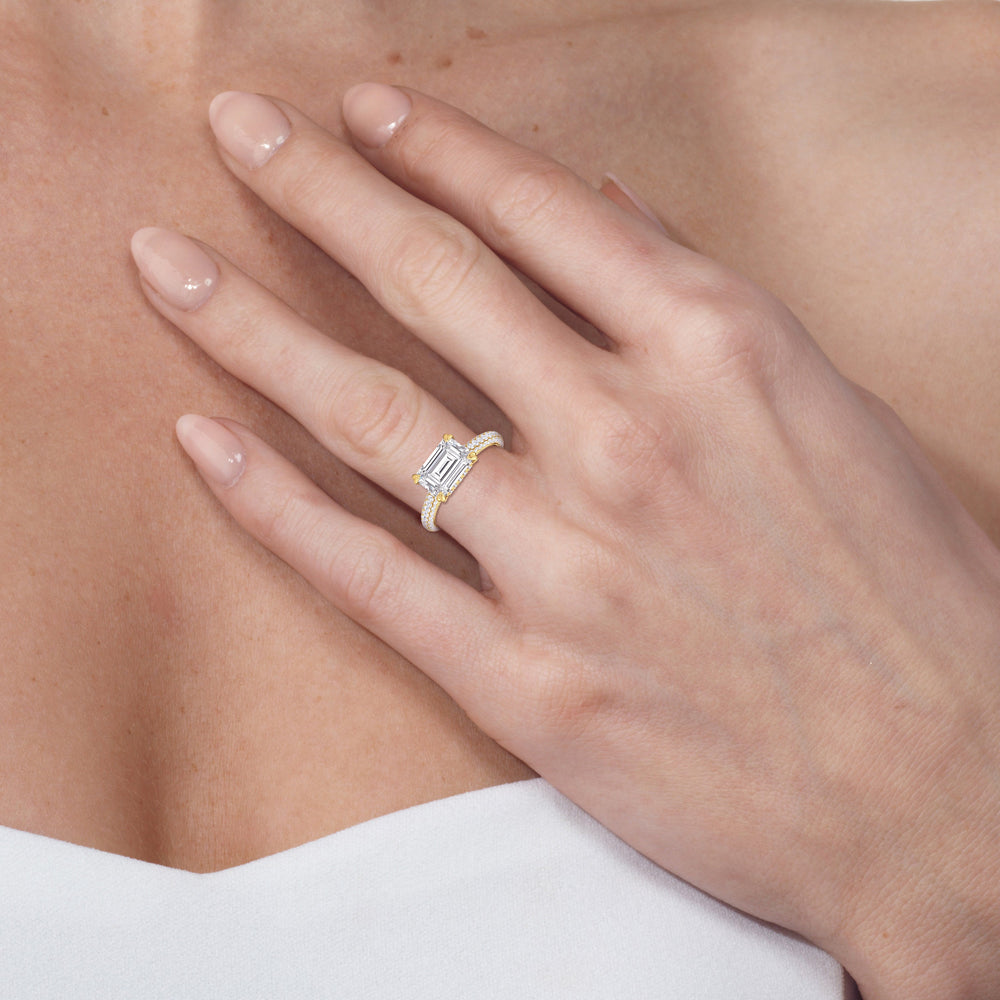 Model Wearing 4.58ct Emerald Windsor East-West Lab Diamond Engagement Ring view