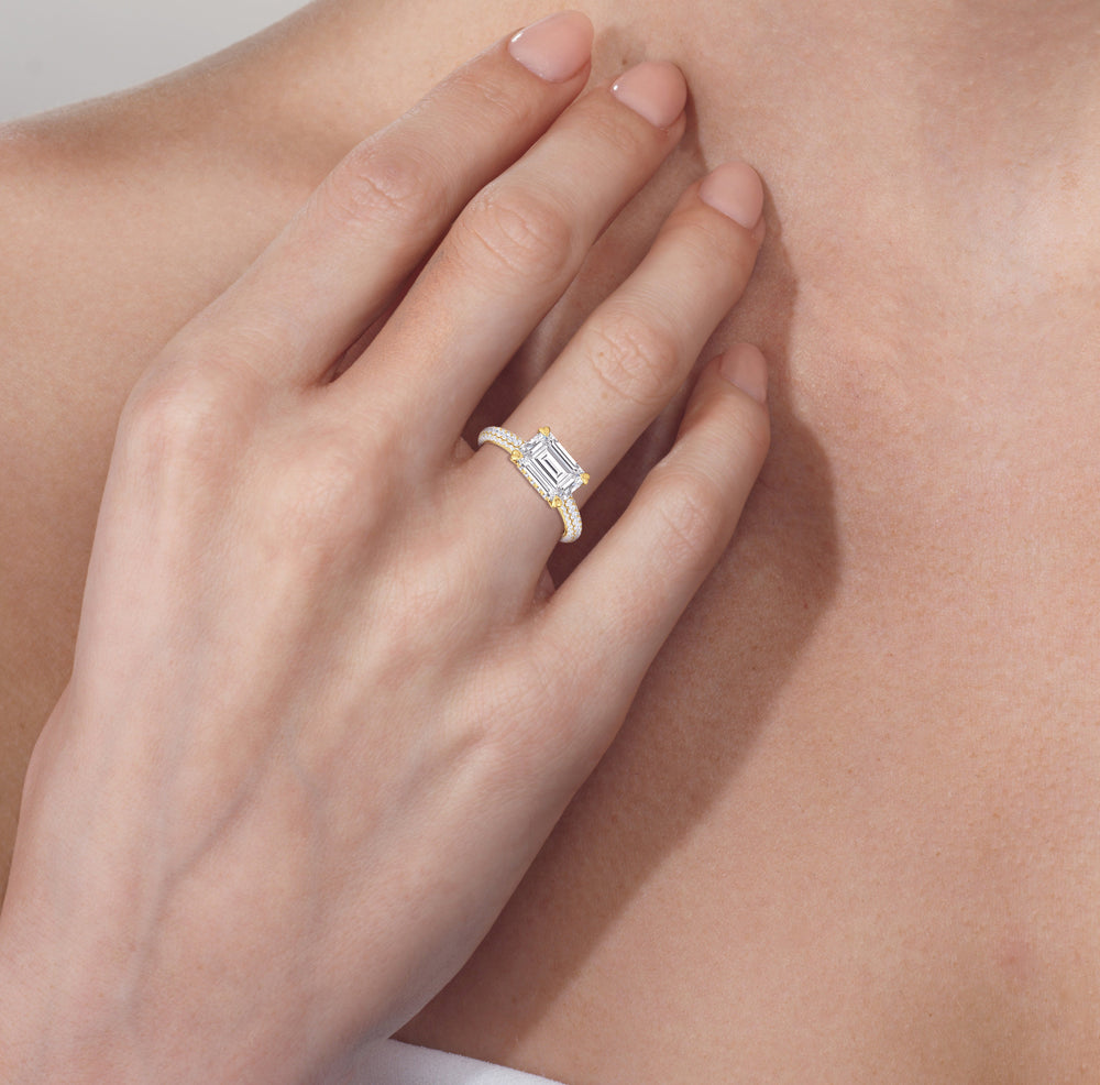 Model Wearing 4.58ct Emerald Windsor East-West Lab Diamond Engagement Ring view