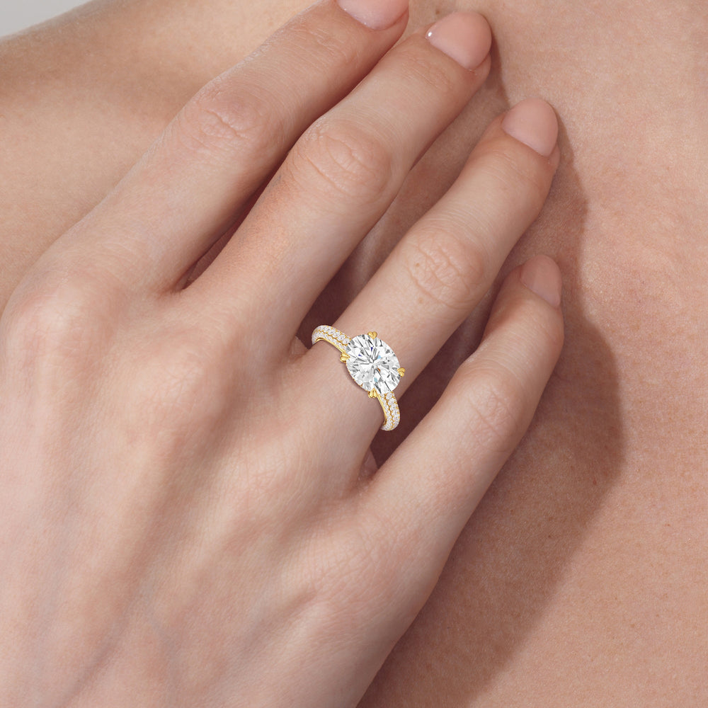 West Oval Cut Elegance Diamond Studded East West Gallery Hidden Halo Engagement Ring with Lab Grown Diamond in 14KT Yellow Gold view 5
