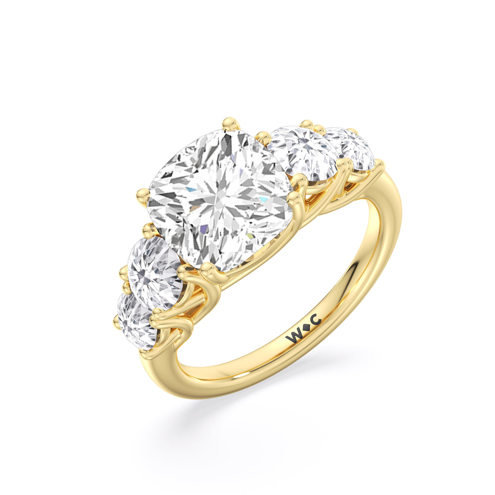 Cushion Cut Trellis Basket Side Stone Engagement Ring with Lab Grown Diamond in 14KT Yellow Gold view 2
