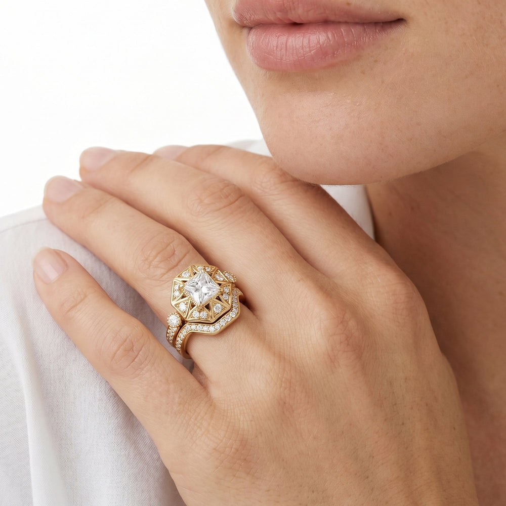 The Lalique Diamond Wedding Band with 18KT Yellow Gold Cut Diamond in 14KT Yellow Gold view 3
