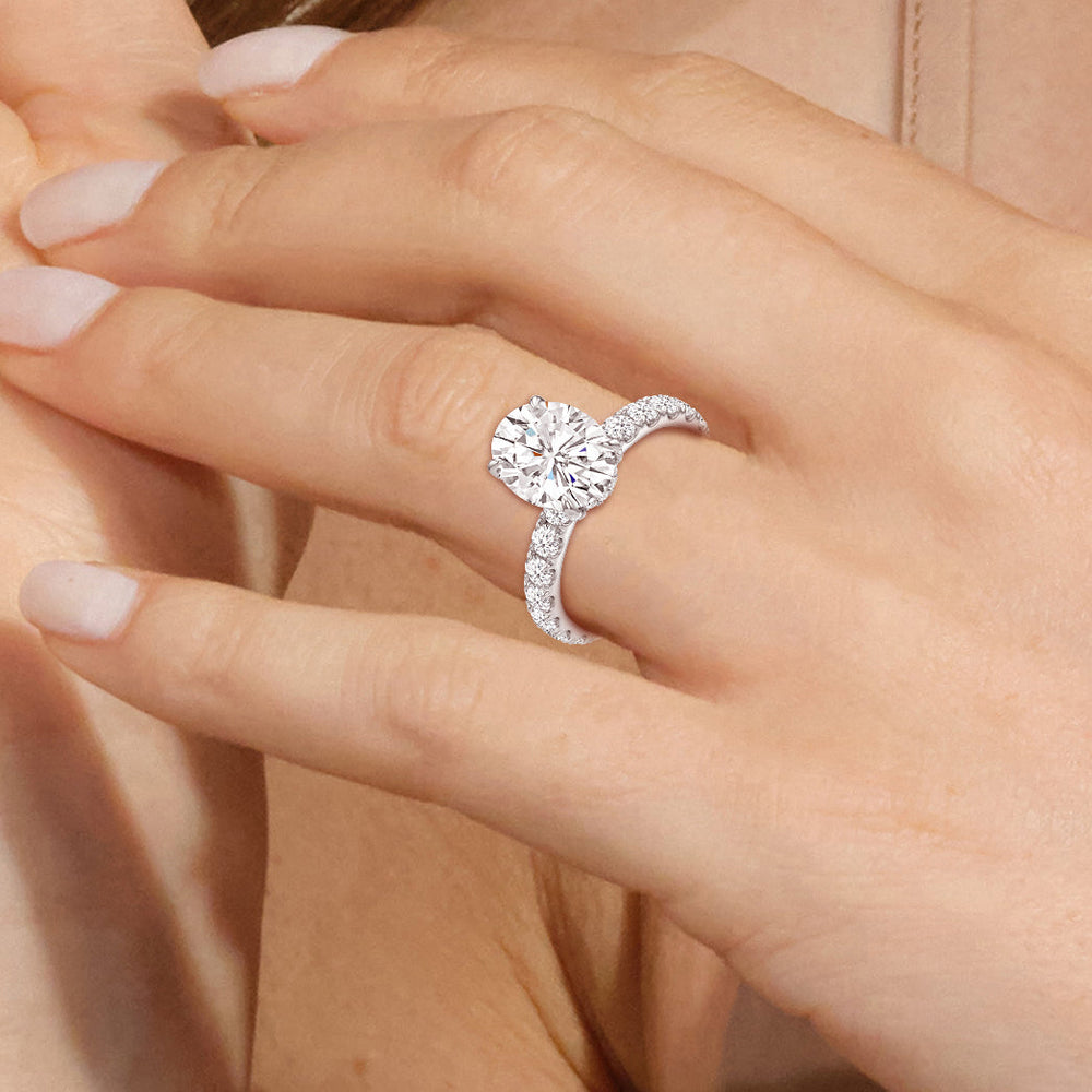 Model Wearing 4.02ct Oval Élan Hidden Halo Lab Diamond Engagement Ring view