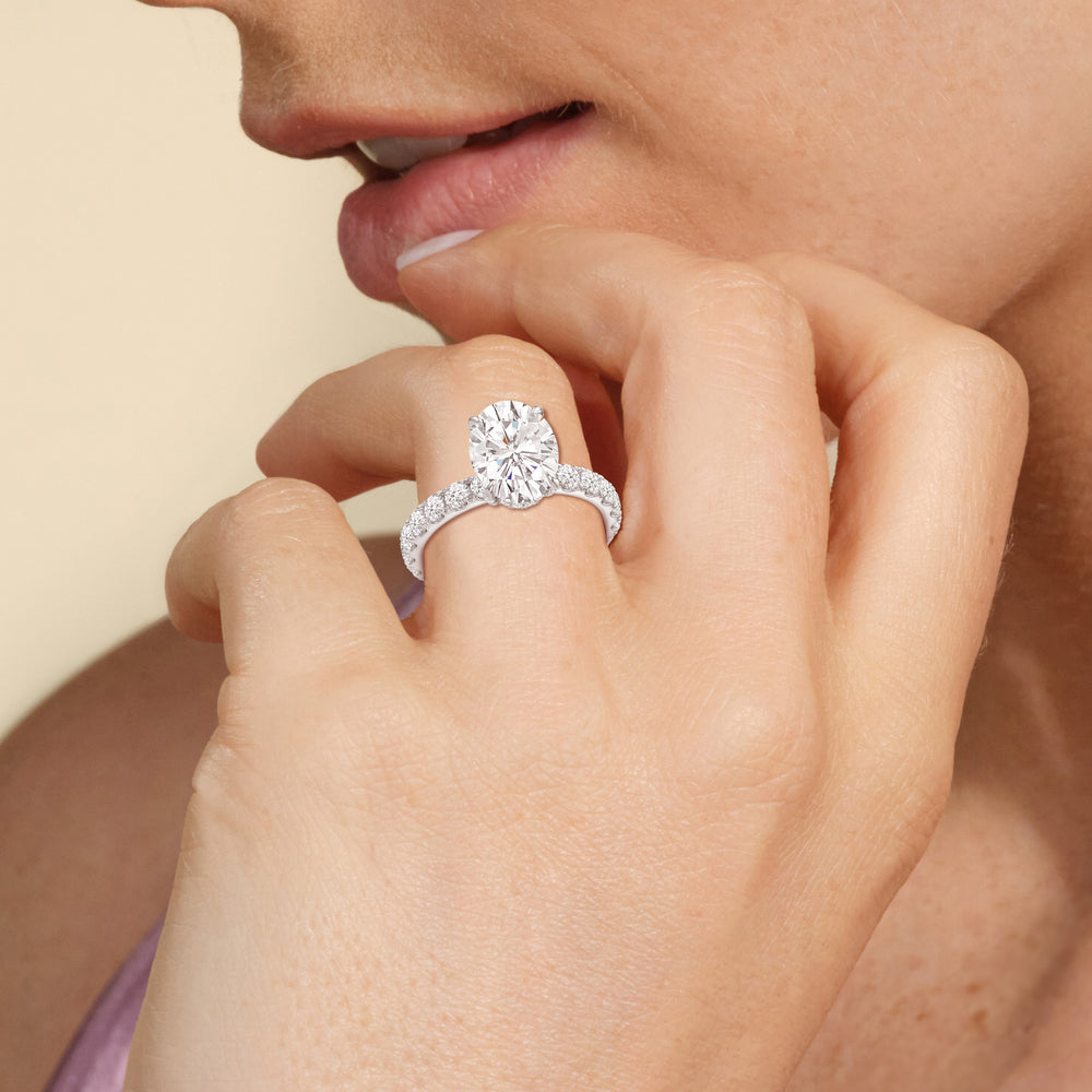 Model Wearing 4.02ct Oval Élan Hidden Halo Lab Diamond Engagement Ring view