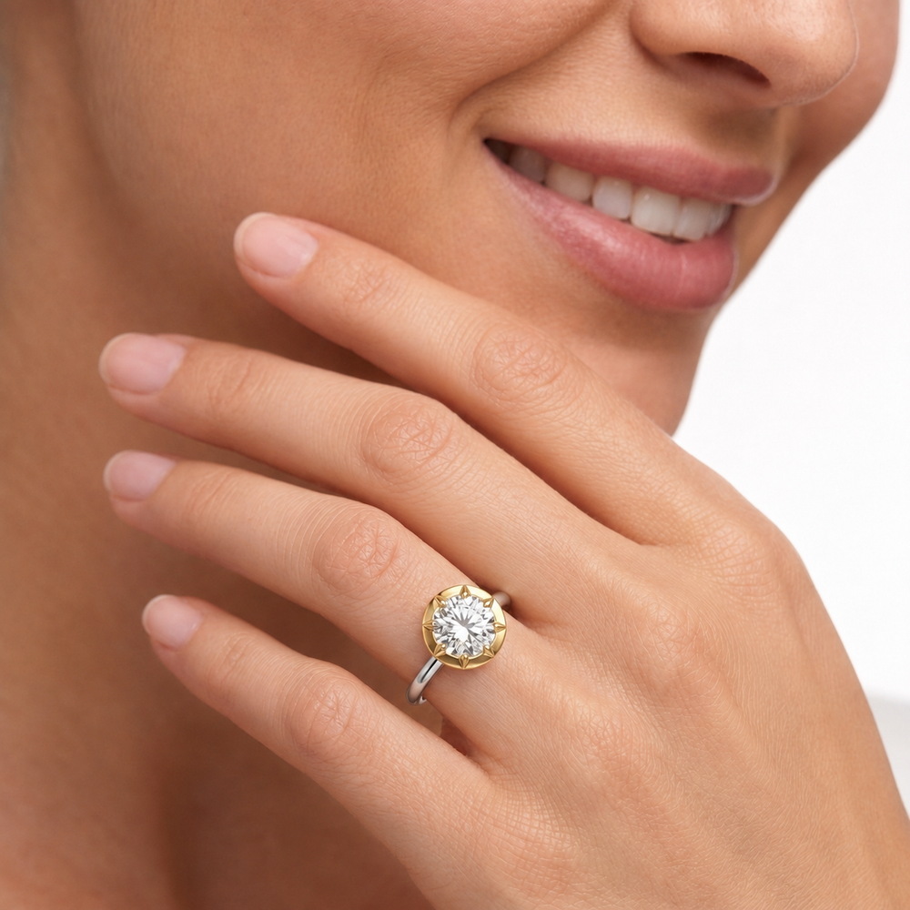 The Solenne Engagement Ring with Emerald Cut Diamond in 14KT White & Yellow Gold view 3
