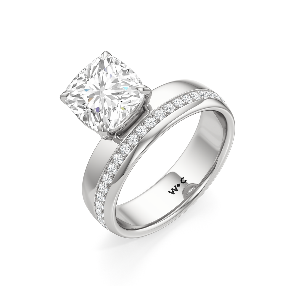 Vera Wide Band Engagement Ring with Cushion Cut Diamond in 14KT Platinum view 3
