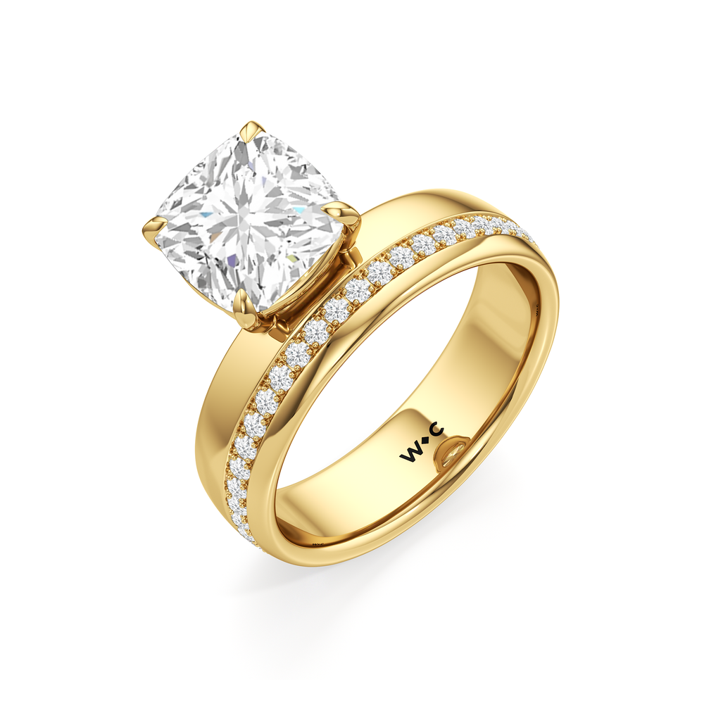 Vera Wide Band Engagement Ring with Cushion Cut Diamond in 14KT Yellow Gold view 3
