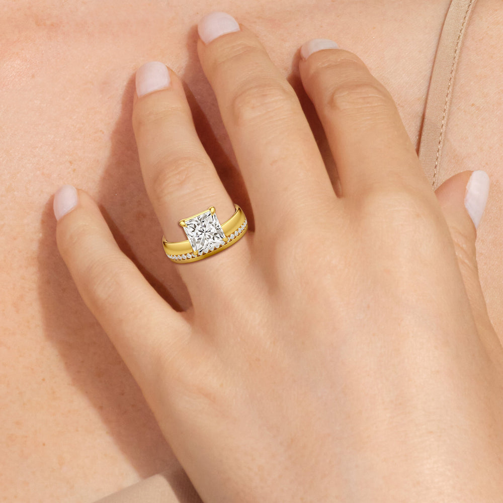 Model Wearing Vera Wide Band Engagement Ring view