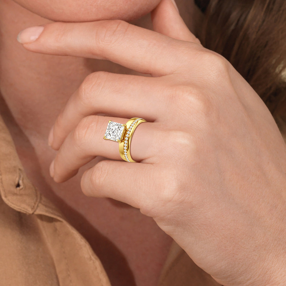 Model Wearing Vera Wide Band Engagement Ring view