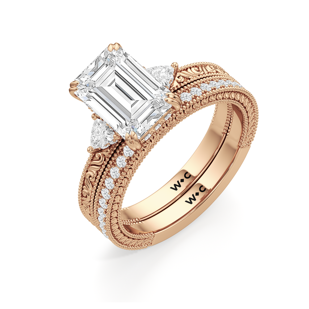 The Seraphine Trillion Three Stone Ring with Elongated Cushion Cut Diamond in 14KT Rose Gold view 5

