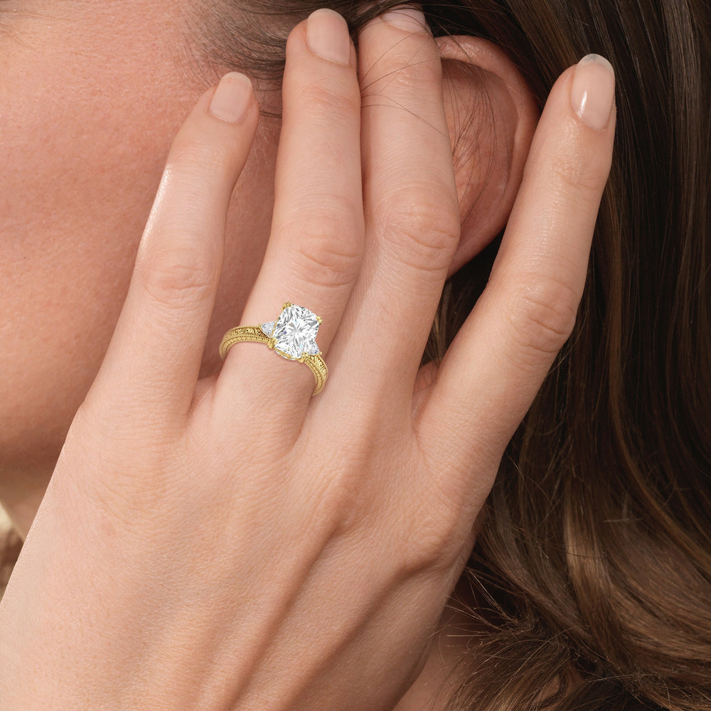 Model Wearing 3.51ct Emerald Seraphine Trillion Three Stone Lab Diamond Engagement Ring view