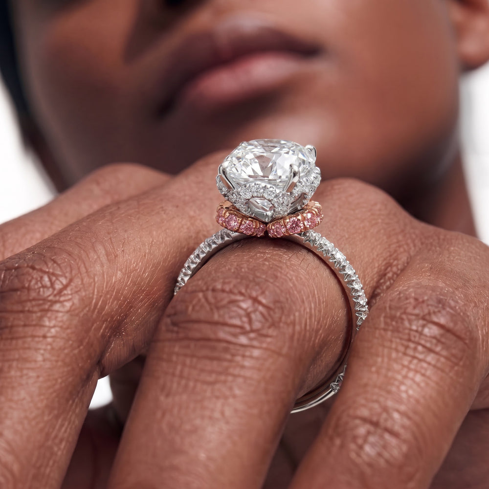The Petaline Ring with Cushion Cut Diamond in 14KT White & Rose Gold view 2
