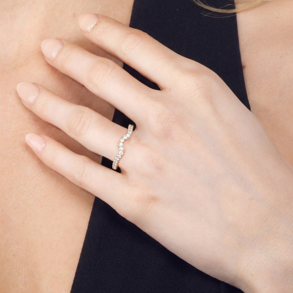 Model Wearing The Chrysler Baguette Three Stone Diamond Wedding Band view