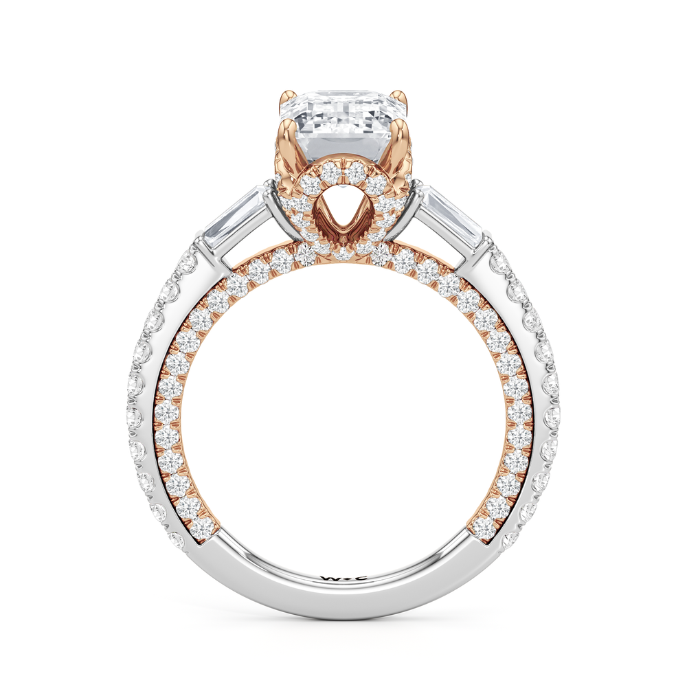 The Chrysler Baguette Three Stone Ring with Emerald Cut Diamond in 14KT White & Rose Gold view 3
