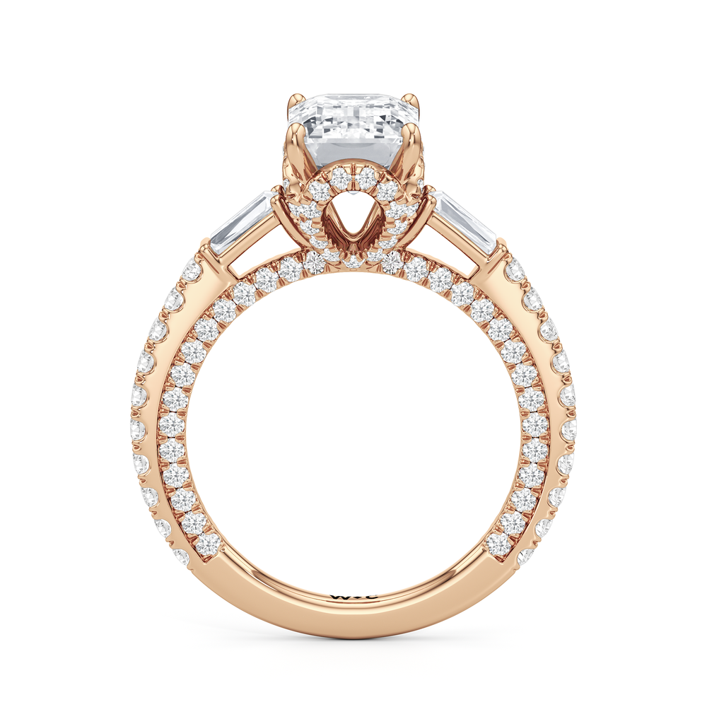 The Chrysler Baguette Three Stone Ring with Emerald Cut Diamond in 14KT Rose Gold view 3
