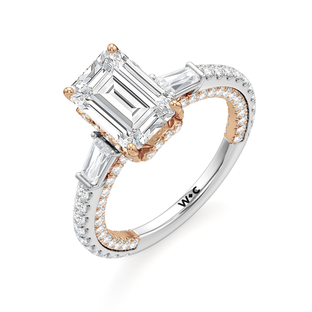 The Chrysler Baguette Three Stone Ring with Emerald Cut Diamond in 14KT White & Rose Gold view 4
