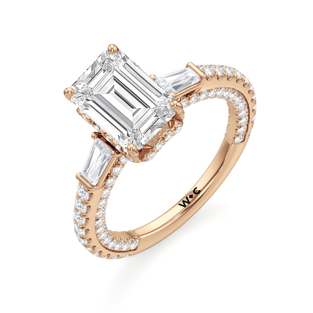 The Chrysler Baguette Three Stone Ring with Emerald Cut Diamond in 14KT Rose Gold view 4
