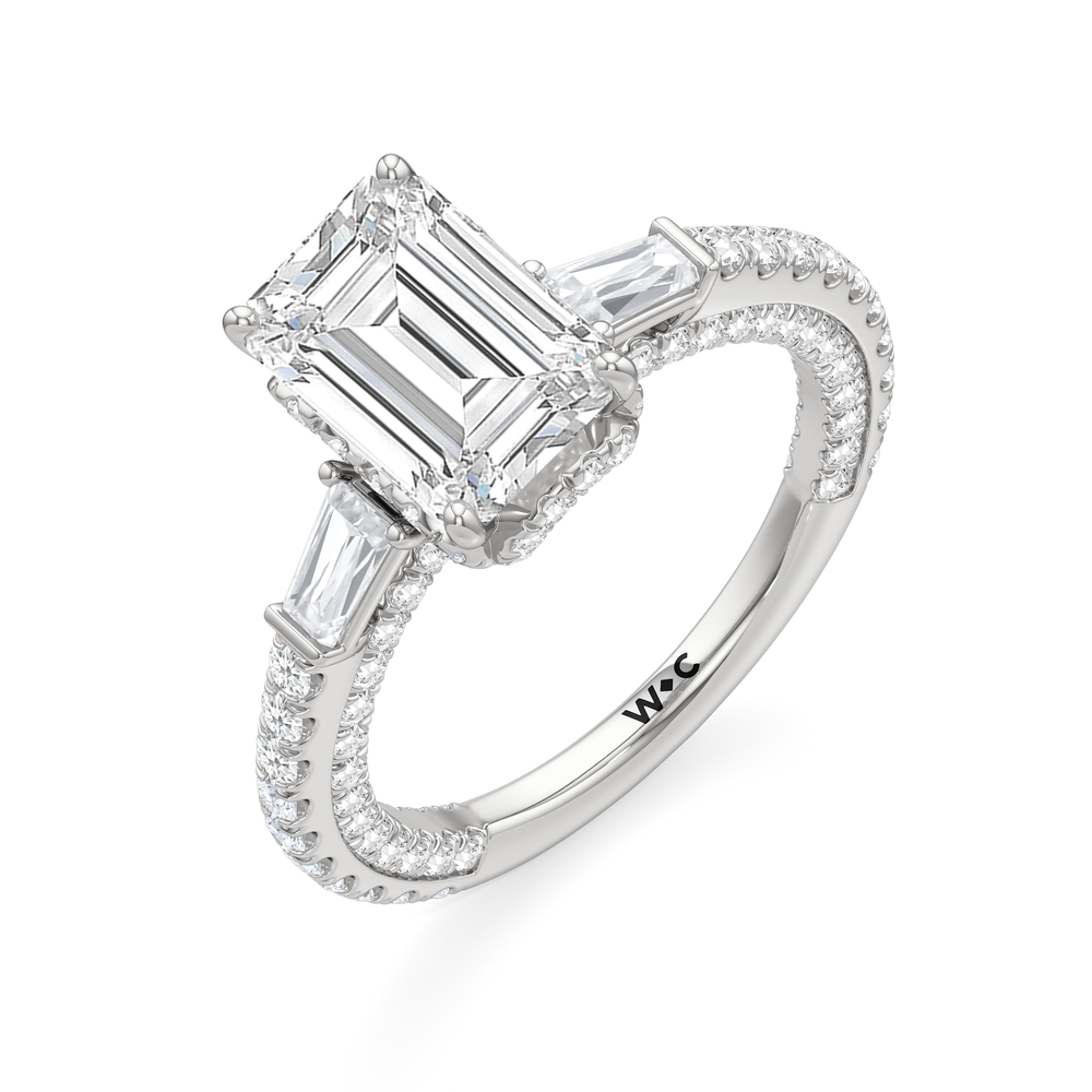 The Chrysler Baguette Three Stone Ring with Emerald Cut Diamond in 14KT Platinum view 4
