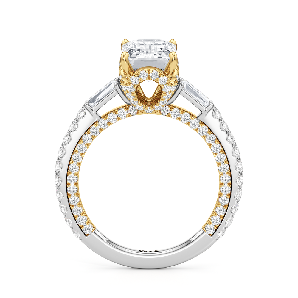 The Chrysler Baguette Three Stone Ring with Emerald Cut Diamond in 14KT White & Yellow Gold view 3
