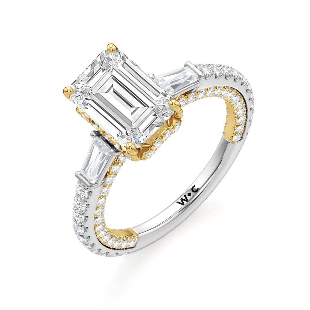 The Chrysler Baguette Three Stone Ring with Emerald Cut Diamond in 14KT White & Yellow Gold view 4
