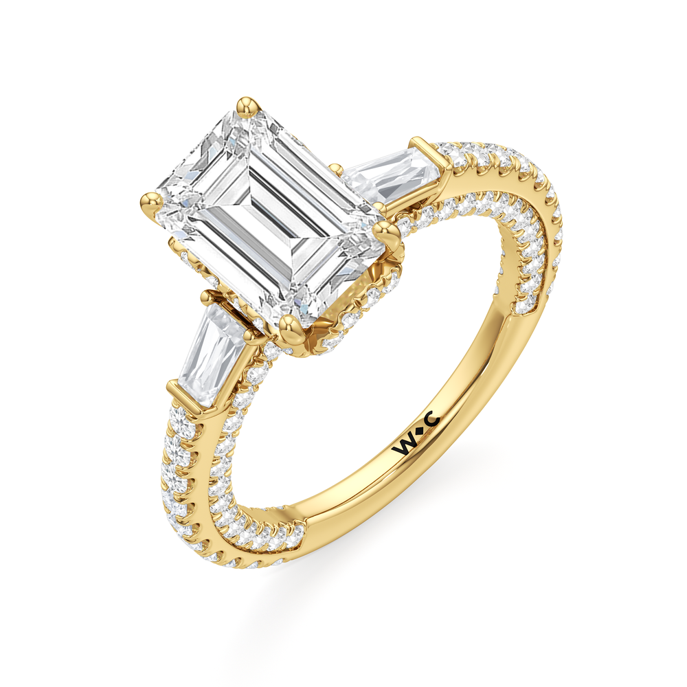 The Chrysler Baguette Three Stone Ring with Emerald Cut Diamond in 14KT Yellow Gold view 4
