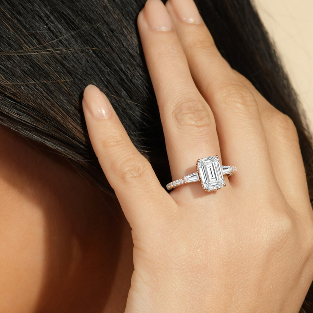 Model Wearing The Chrysler Baguette Three Stone Ring view