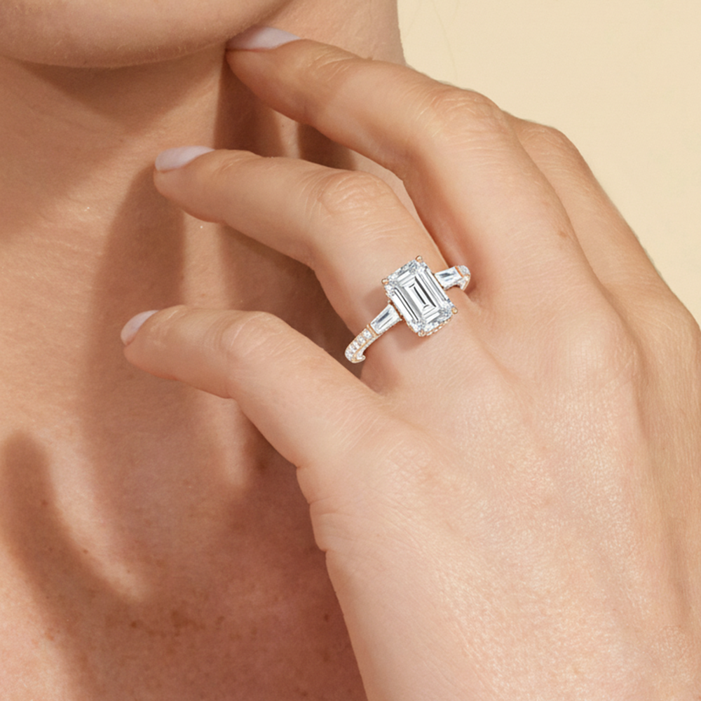 Model Wearing The Chrysler Baguette Three Stone Ring view