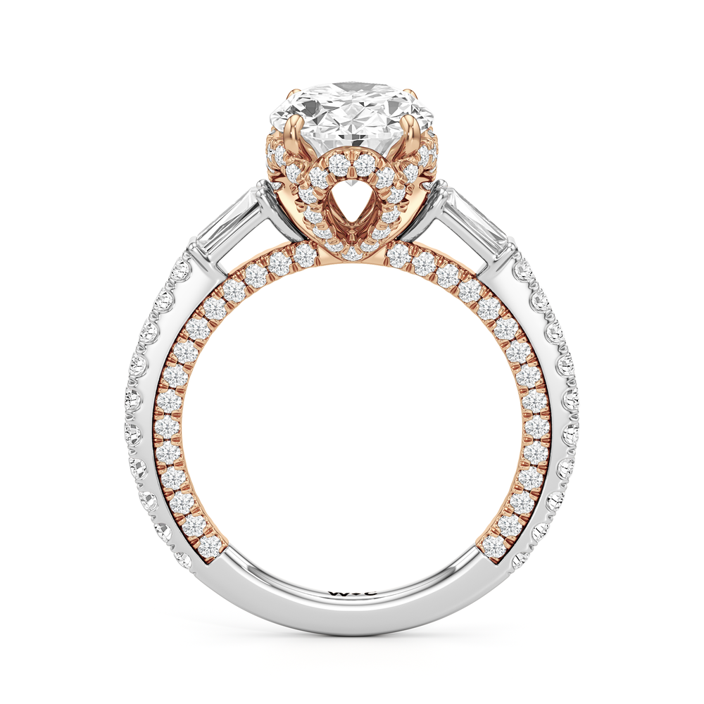 The Chrysler Baguette Three Stone Ring with Oval Cut Diamond in 14KT White & Rose Gold view 3
