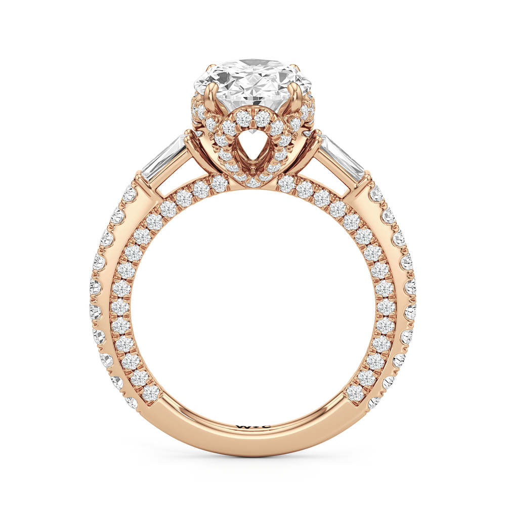 The Chrysler Baguette Three Stone Ring with Oval Cut Diamond in 14KT Rose Gold view 3
