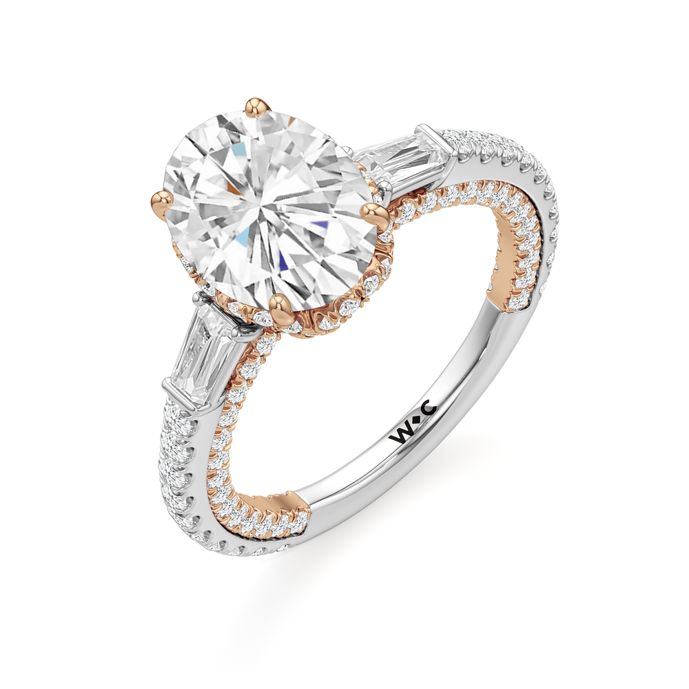 The Chrysler Baguette Three Stone Ring with Oval Cut Diamond in 14KT White & Rose Gold view 4
