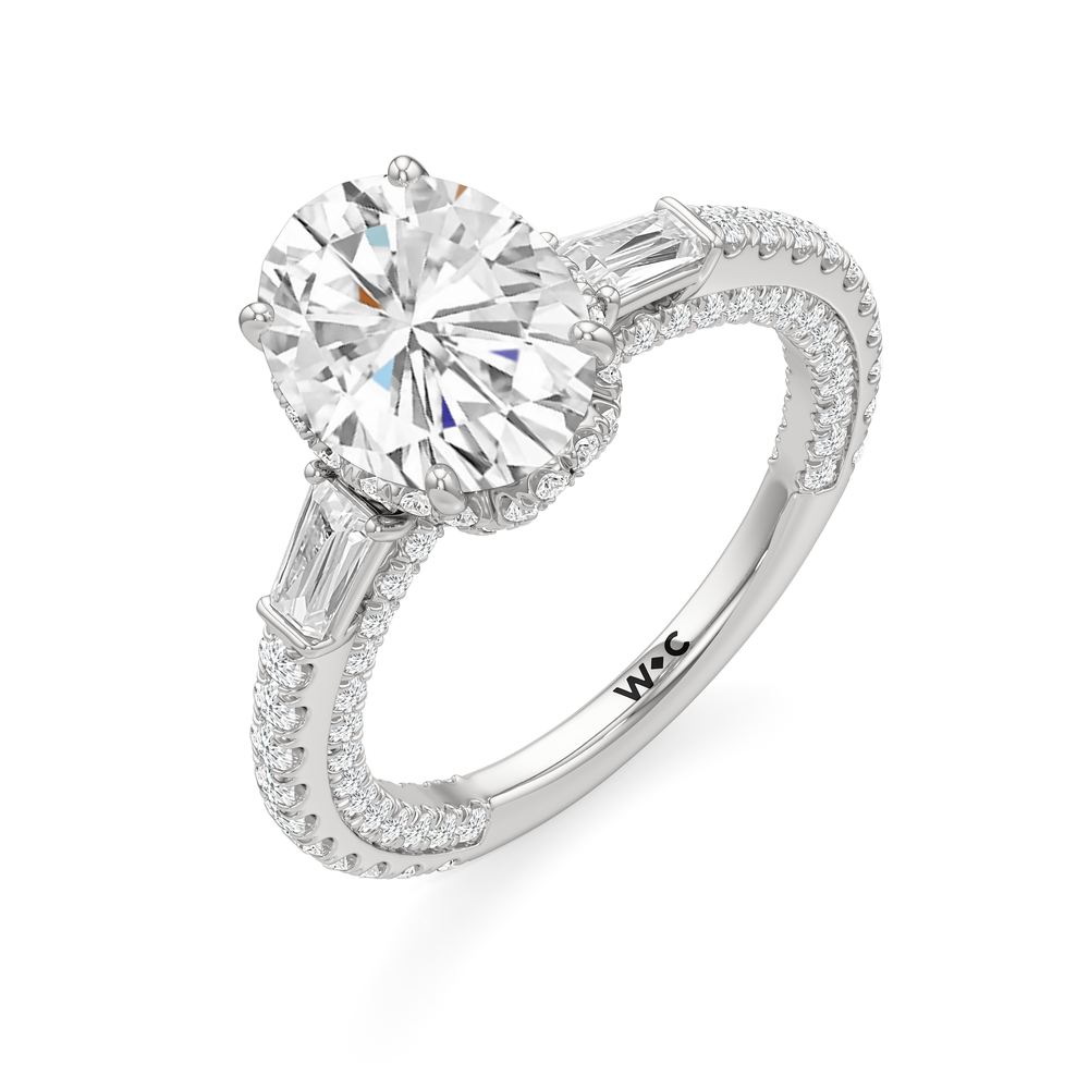 The Chrysler Baguette Three Stone Ring with Oval Cut Diamond in 14KT Platinum view 4
