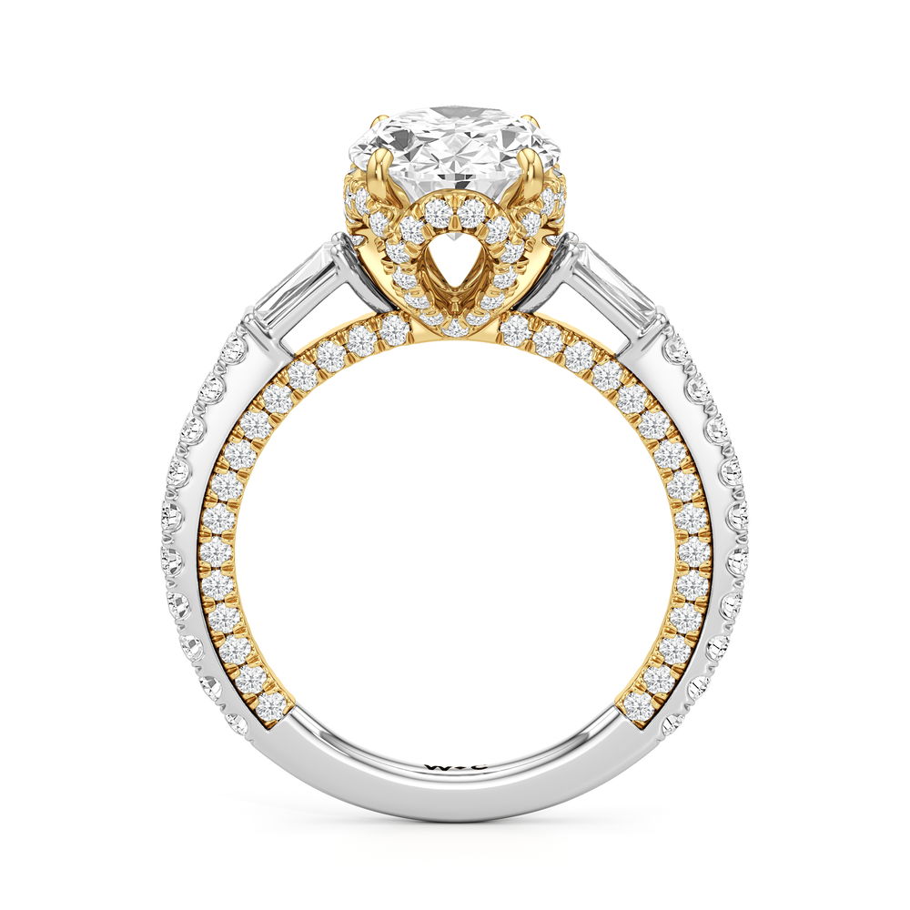 The Chrysler Baguette Three Stone Ring with Oval Cut Diamond in 14KT White & Yellow Gold view 3

