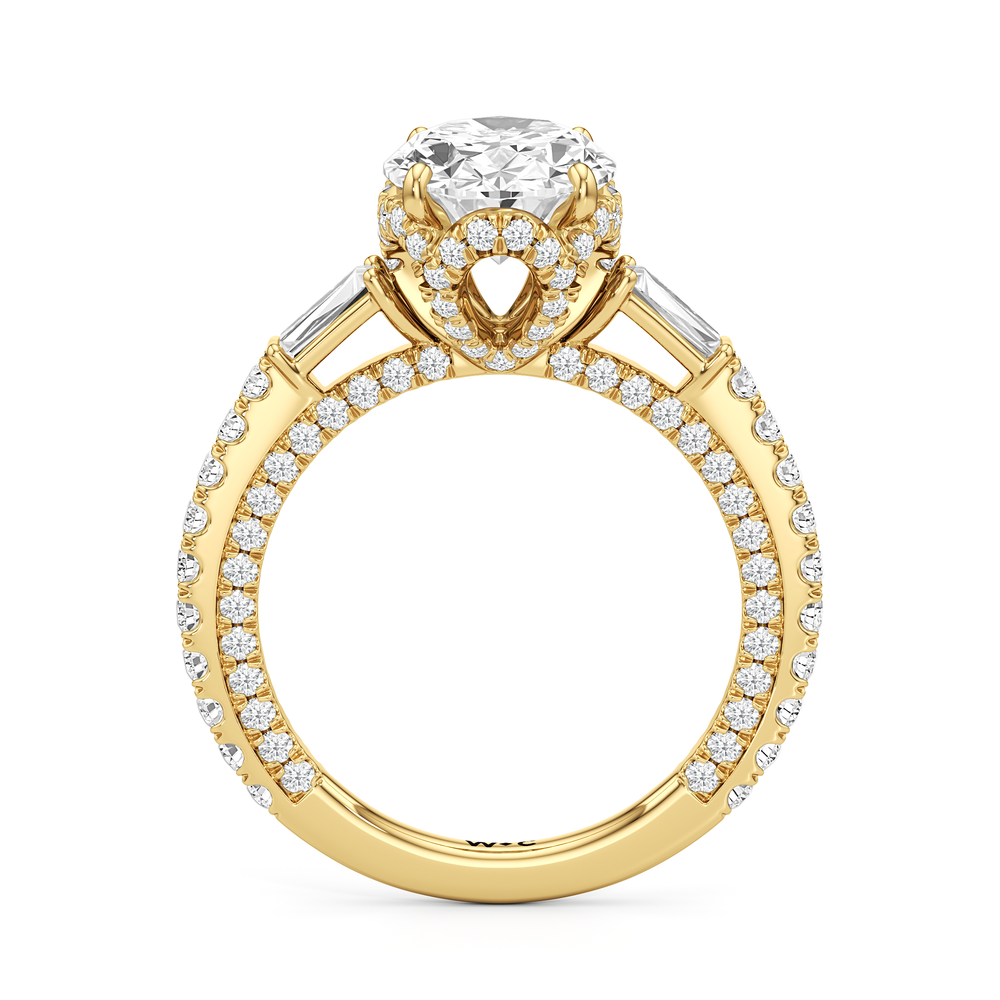 The Chrysler Baguette Three Stone Ring with Oval Cut Diamond in 14KT Yellow Gold view 3
