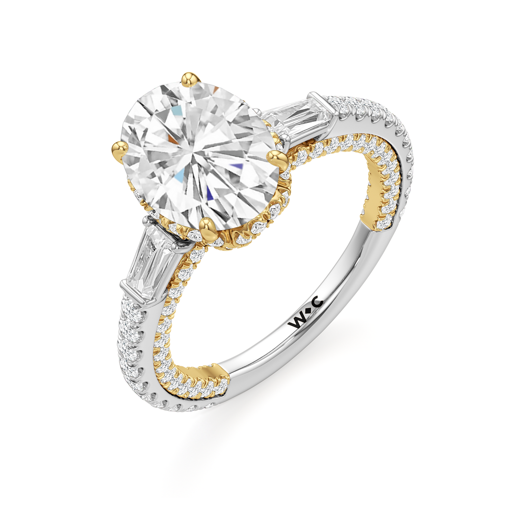 The Chrysler Baguette Three Stone Ring with Oval Cut Diamond in 14KT White & Yellow Gold view 4
