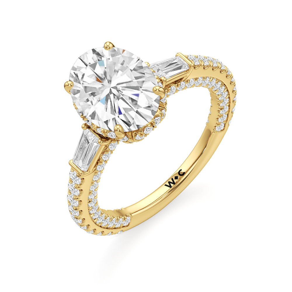 The Chrysler Baguette Three Stone Ring with Oval Cut Diamond in 14KT Yellow Gold view 4
