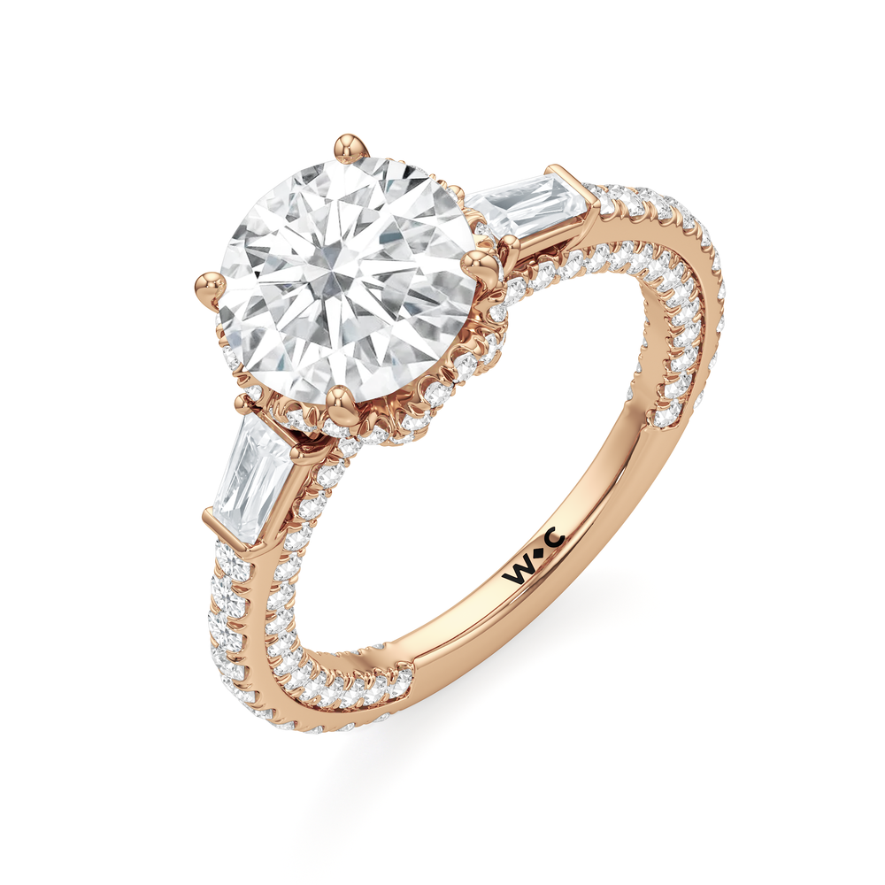 The Chrysler Baguette Three Stone Ring with Round Cut Diamond in 14KT Rose Gold view 4
