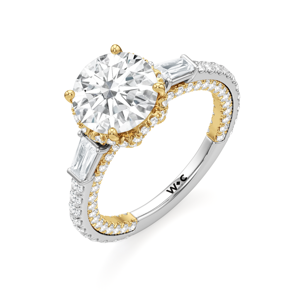 The Chrysler Baguette Three Stone Ring with Round Cut Diamond in 14KT White & Yellow Gold view 4
