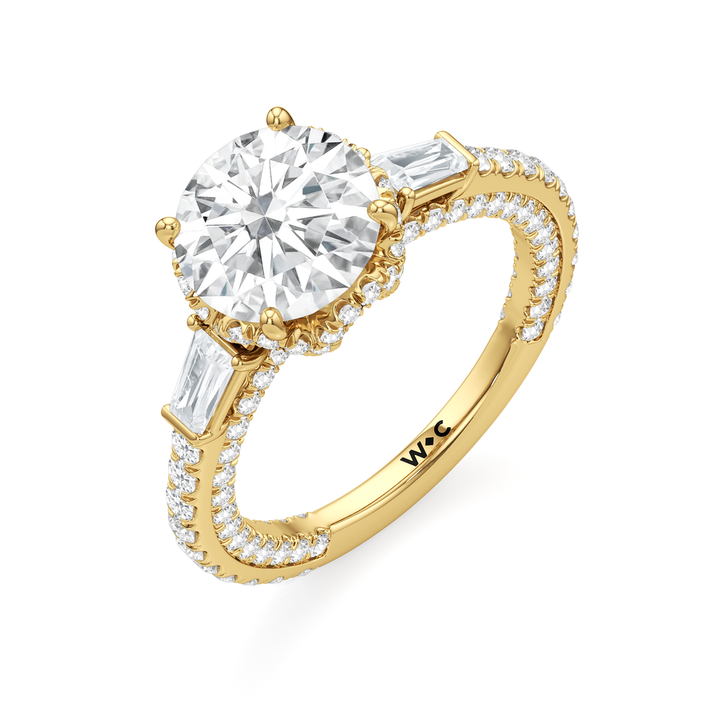 The Chrysler Baguette Three Stone Ring with Round Cut Diamond in 14KT Yellow Gold view 4
