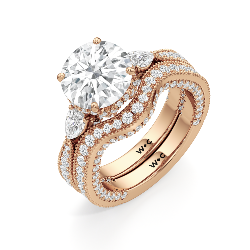 The Chrysler Pear Three Stone Diamond Wedding Band with 18KT Rose Gold Cut Diamond in 14KT Rose Gold view 5
